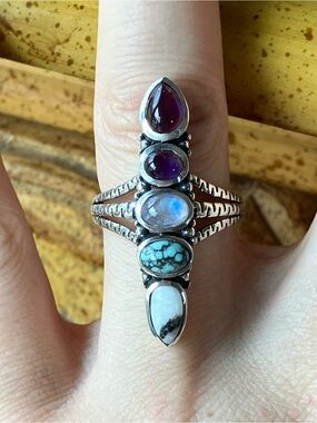 Multi Gemstone Sterling Silver Statement Ring Size 7